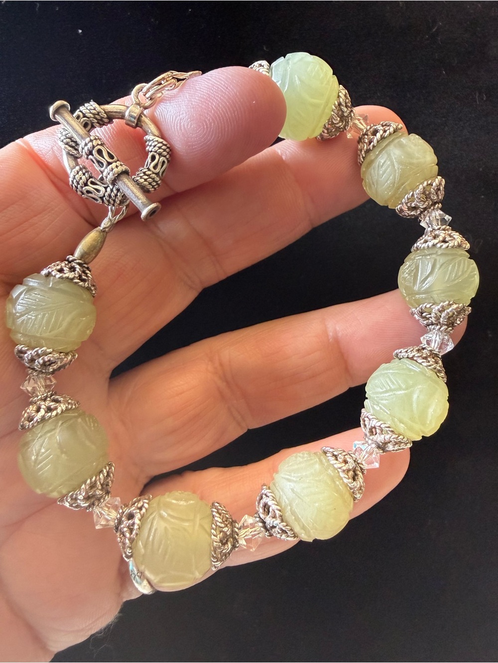 VTG Hand-Carved Light Green Glass Beads into Bracelet Handcrafted SS Crystals 7”